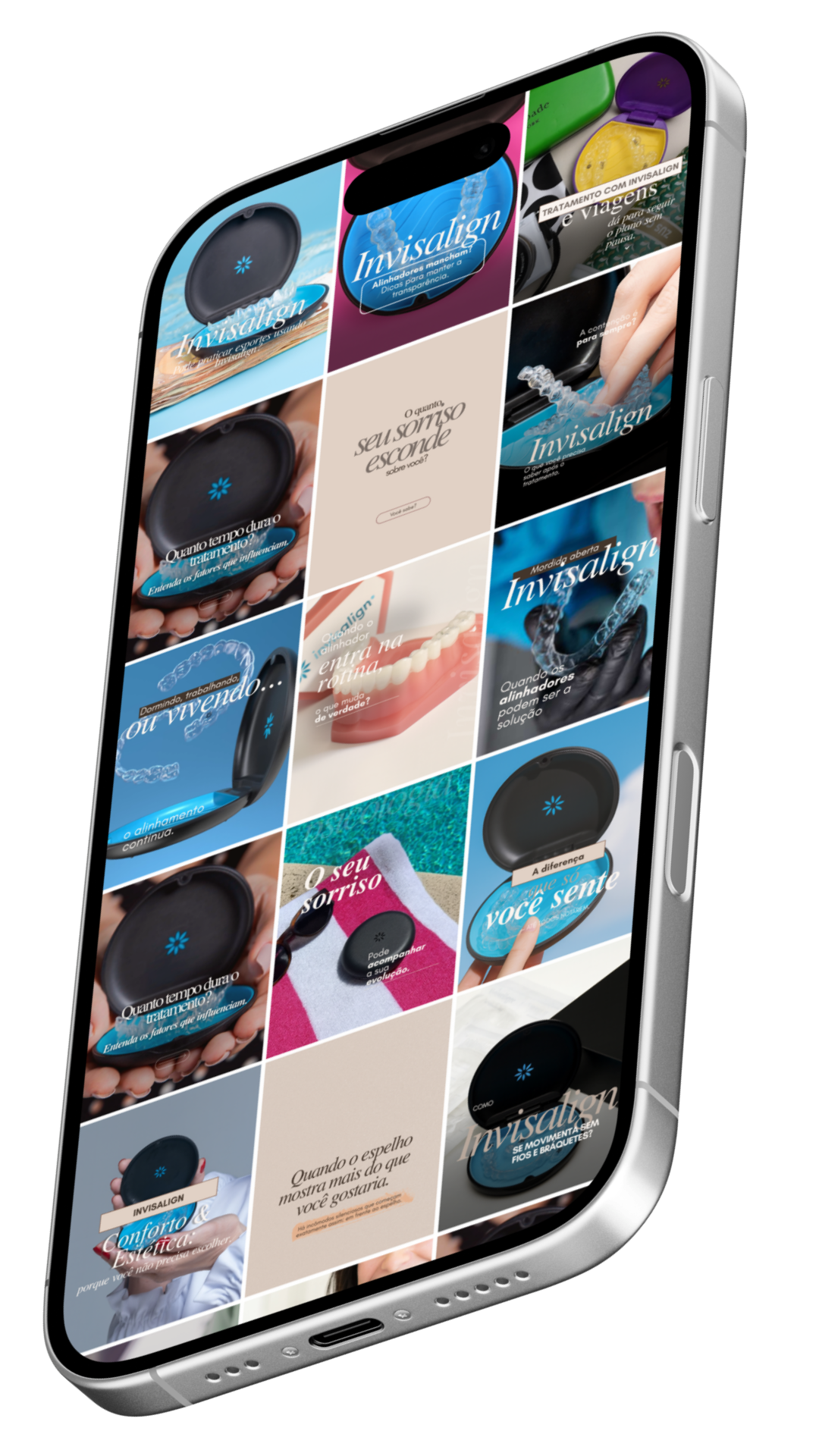 Mockup de celular exibindo o feed de Instagram com as artes de Invisalign